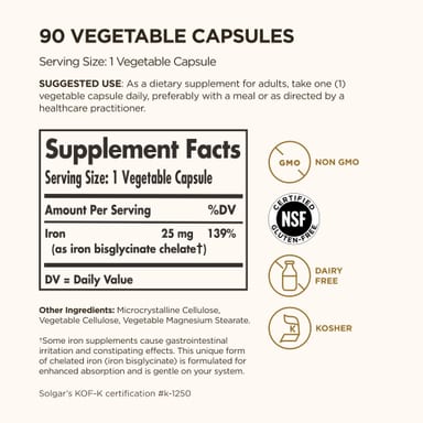 Железо Solgar Gentle®, 25 мг, 90 растительных капсул