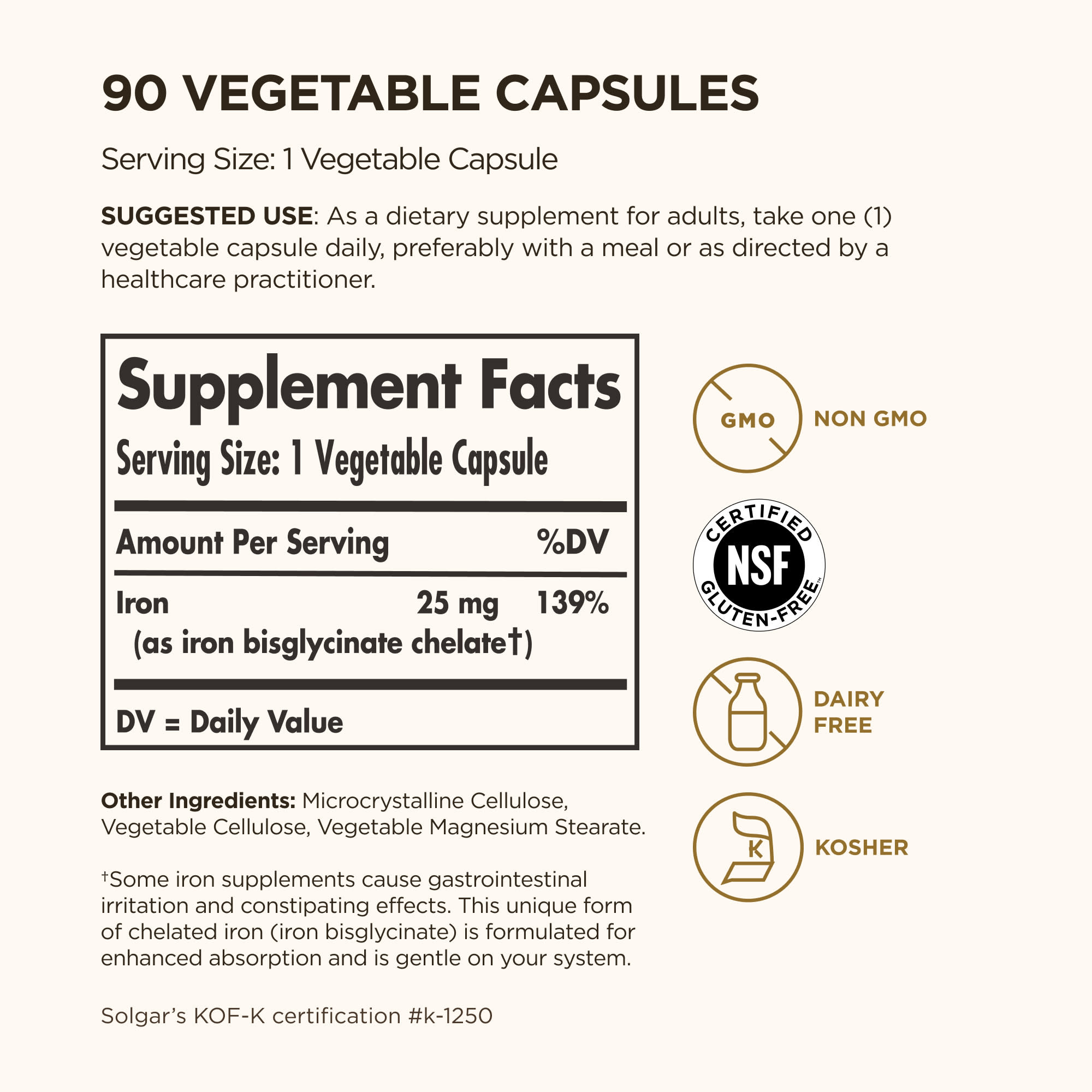 Железо Solgar Gentle®, 25 мг, 90 растительных капсул
