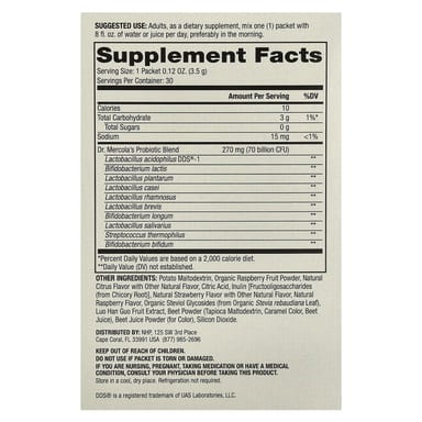 Пробиотик Dr. Mercola Complete Powder Packets 30 Packets, вкус Natural Raspberry, 70 млрд КОЕ, 3.5 г, саше
