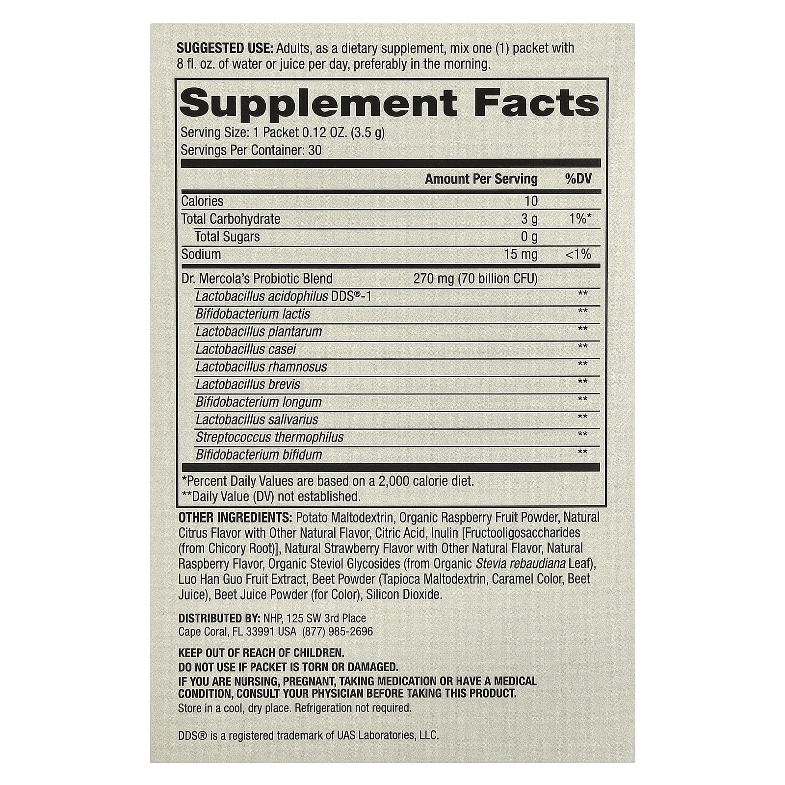 Пробиотик Dr. Mercola Complete Powder Packets 30 Packets, вкус Natural Raspberry, 70 млрд КОЕ, 3.5 г, саше