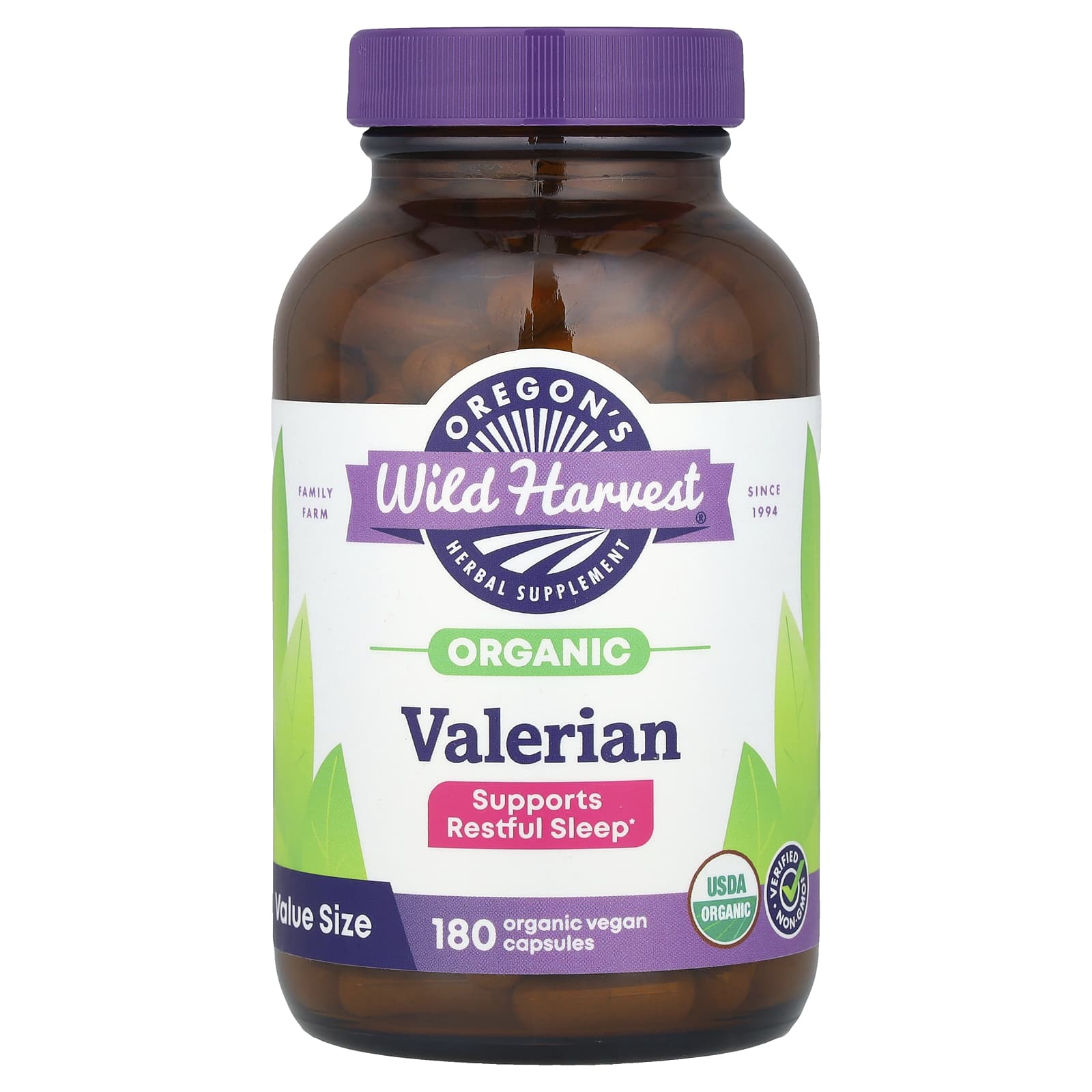 Корень валерианы Oregon's Wild Harvest Organic, 450 мг, 180 растительных капсул