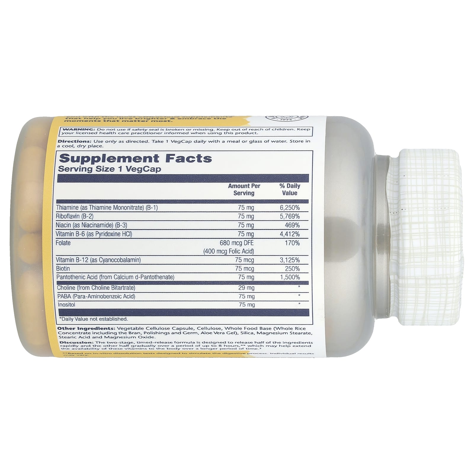 Комплекс витаминов B Solaray Vitamin B-Complex 75 Timed Release, 100 растительных капсул — фото 2