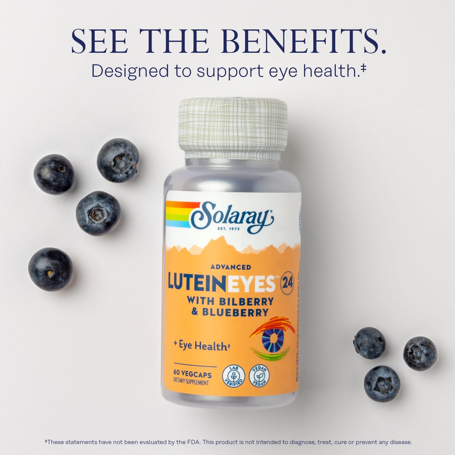 Лютеин Solaray, вкус Advanced Lutein Eyes™ 24 with Bilberry & Blueberry, 60 растительных капсул — фото 3