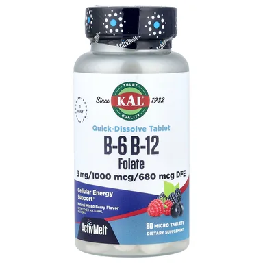 Фото товара: Фолат KAL B-6 B-12 60 Micro Tablets, Natural Mixed Berry, таблетки