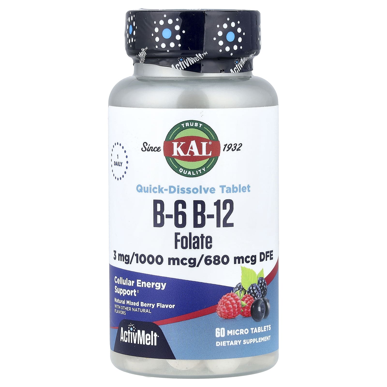 Фолат KAL B-6 B-12 60 Micro Tablets, вкус Natural Mixed Berry, таблетки