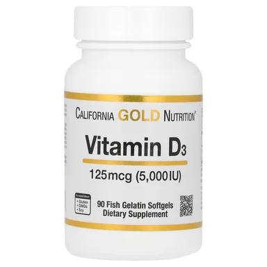 Фото товара: Витамин D3 California Gold Nutrition 90 Fish Gelatin, 125 мкг (5000 МЕ), мягкие капсулы