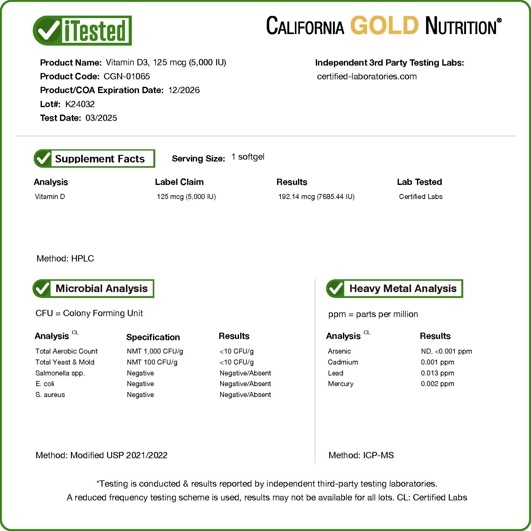 Витамин D3 California Gold Nutrition 90 Fish Gelatin, 125 мкг (5000 МЕ), мягкие капсулы — фото 4
