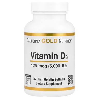 Фото товара: Витамин D3 California Gold Nutrition 360 Fish Gelatin, 125 мкг (5000 МЕ), мягкие капсулы
