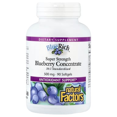 Экстракт черники BlueRich Natural Factors®, вкус Super Strength Blueberry Concentrate, 500 мг, 90 мягких капсул