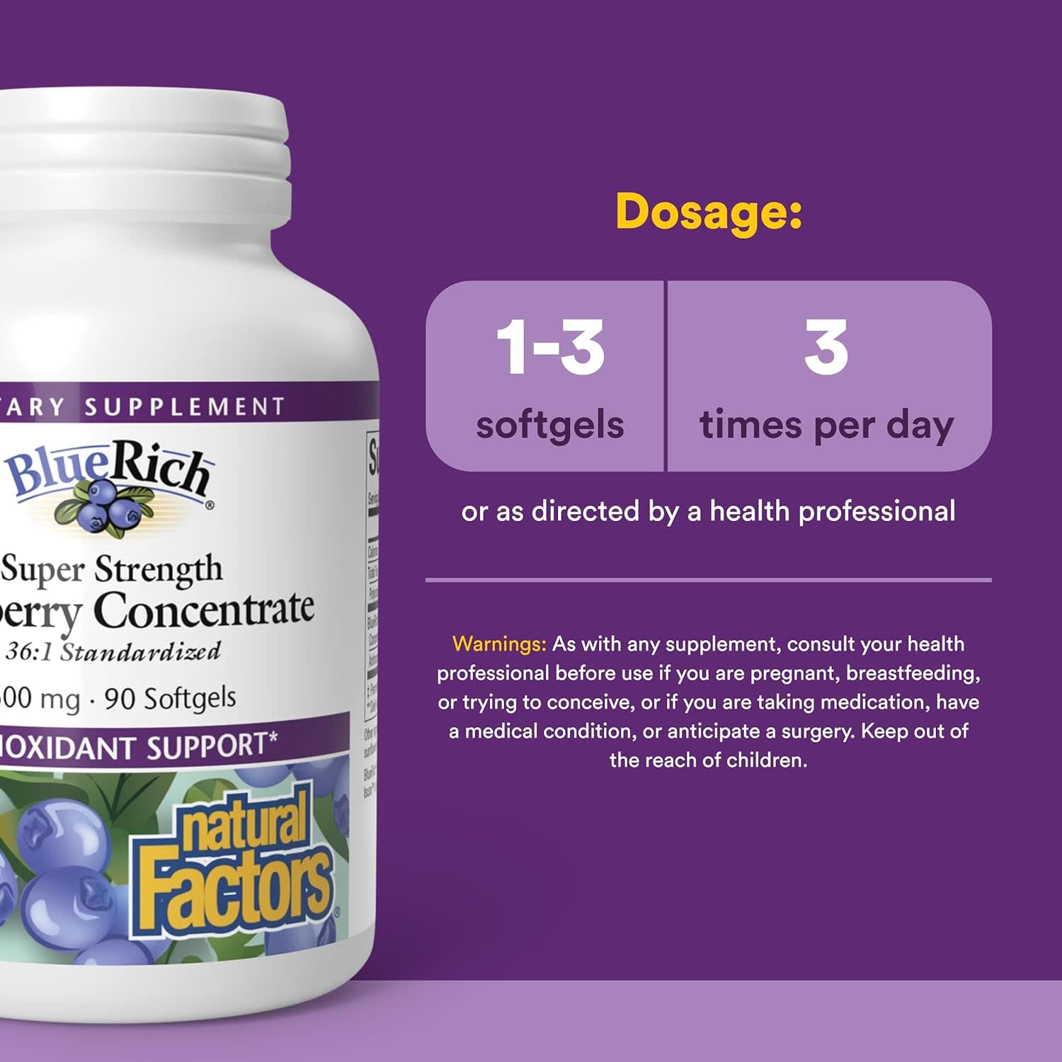 Экстракт черники BlueRich Natural Factors®, вкус Super Strength Blueberry Concentrate, 500 мг, 90 мягких капсул — фото 4