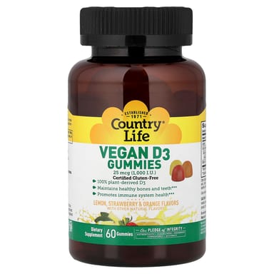 Витамин D3 Country Life Vegan Gummies Lemon Strawberry & Orange, вкус Lemon, Strawberry & Orange, 25 мкг (1000 МЕ), 60 жевательных пастилок