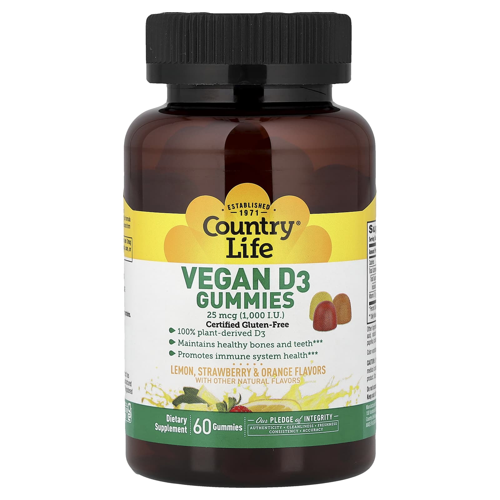 Витамин D3 Country Life Vegan Gummies Lemon Strawberry & Orange, вкус Lemon, Strawberry & Orange, 25 мкг (1000 МЕ), 60 жевательных пастилок