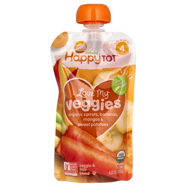 Пюре Happy Tot®, Love My Veggies, Stage 4, органические морковь, бананы, манго и сладкий картофель, 4 пакета по 120 г