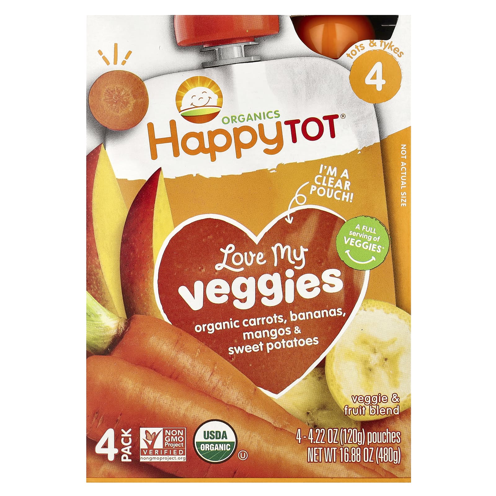 Пюре Happy Tot®, Love My Veggies, Stage 4, органические морковь, бананы, манго и сладкий картофель, 4 пакета по 120 г — фото 2