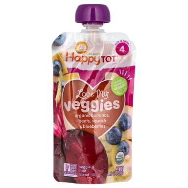 Пюре Happy Tot®, Love My Veggies, Stage 4, органические бананы, свекла, кабачок и черника, 4 пакета, 120 г каждый