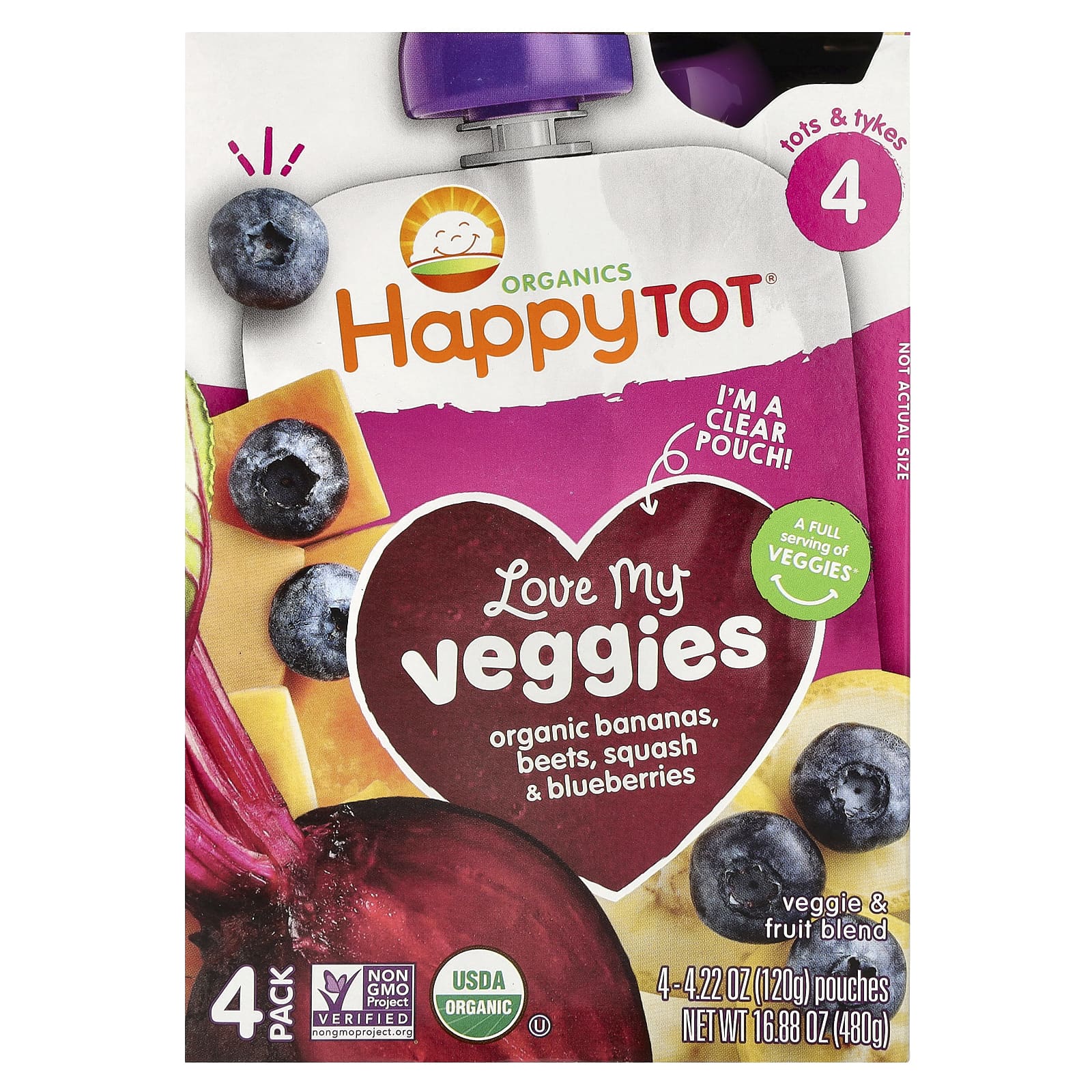 Пюре Happy Tot®, Love My Veggies, Stage 4, органические бананы, свекла, кабачок и черника, 4 пакета, 120 г каждый — фото 2