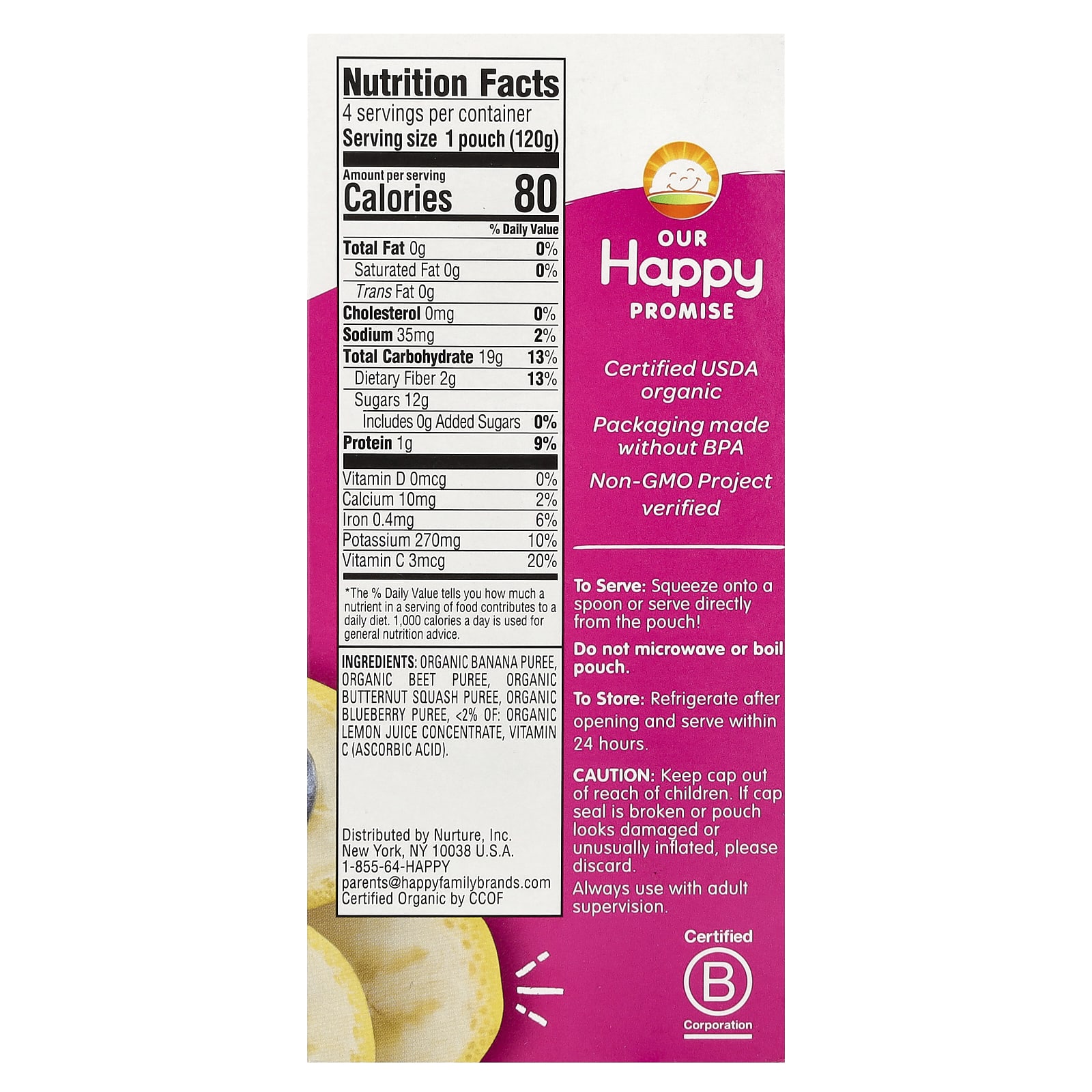 Пюре Happy Tot®, Love My Veggies, Stage 4, органические бананы, свекла, кабачок и черника, 4 пакета, 120 г каждый — фото 3