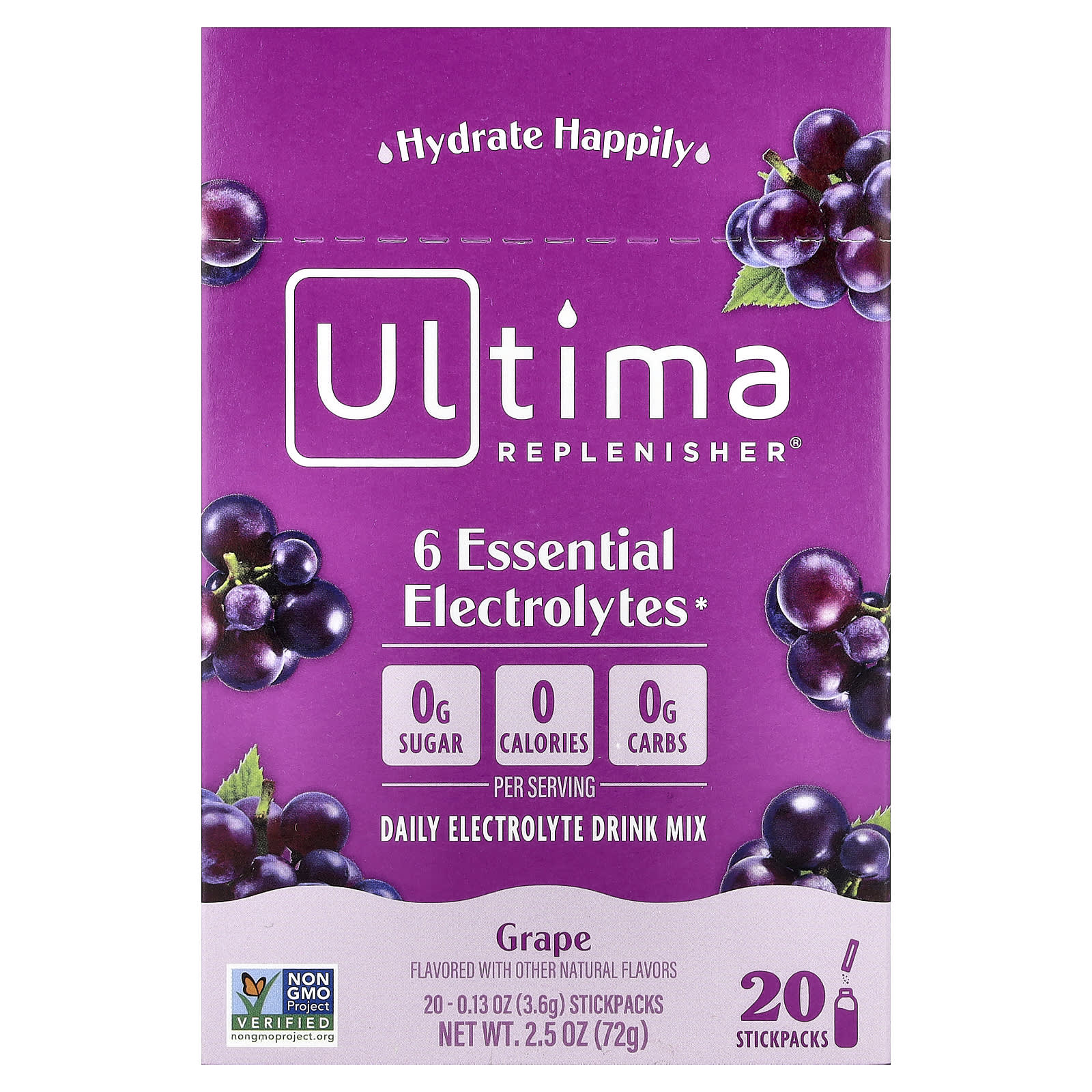 Электролиты Ultima Replenisher 6 Essential Daily Electrolyte Drink Mix, вкус Grape, 3.6 г, 20 стиков, смесь для напитка — фото 2