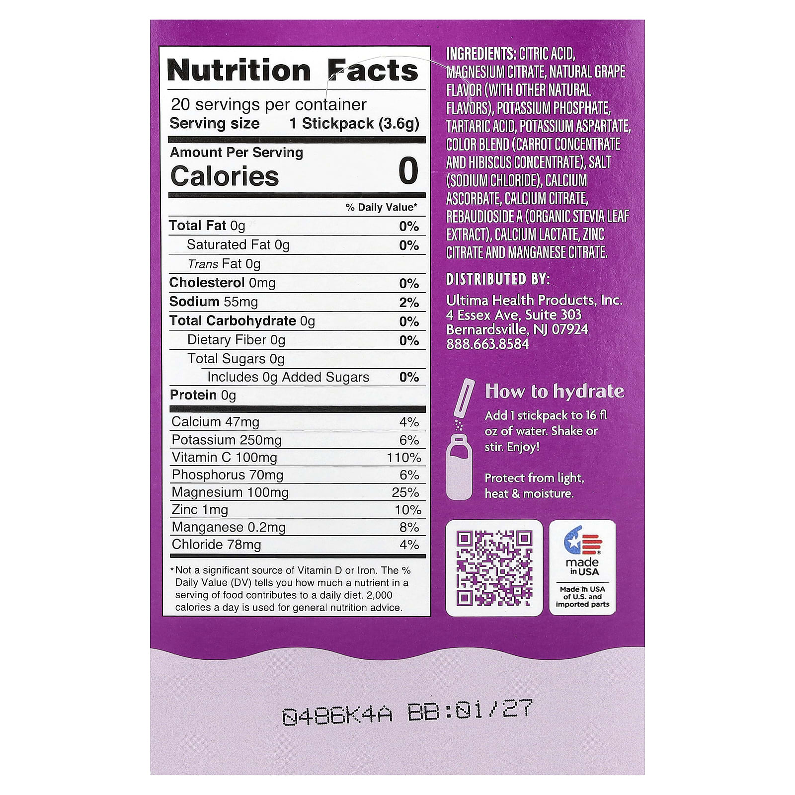 Электролиты Ultima Replenisher 6 Essential Daily Electrolyte Drink Mix, вкус Grape, 3.6 г, 20 стиков, смесь для напитка — фото 3