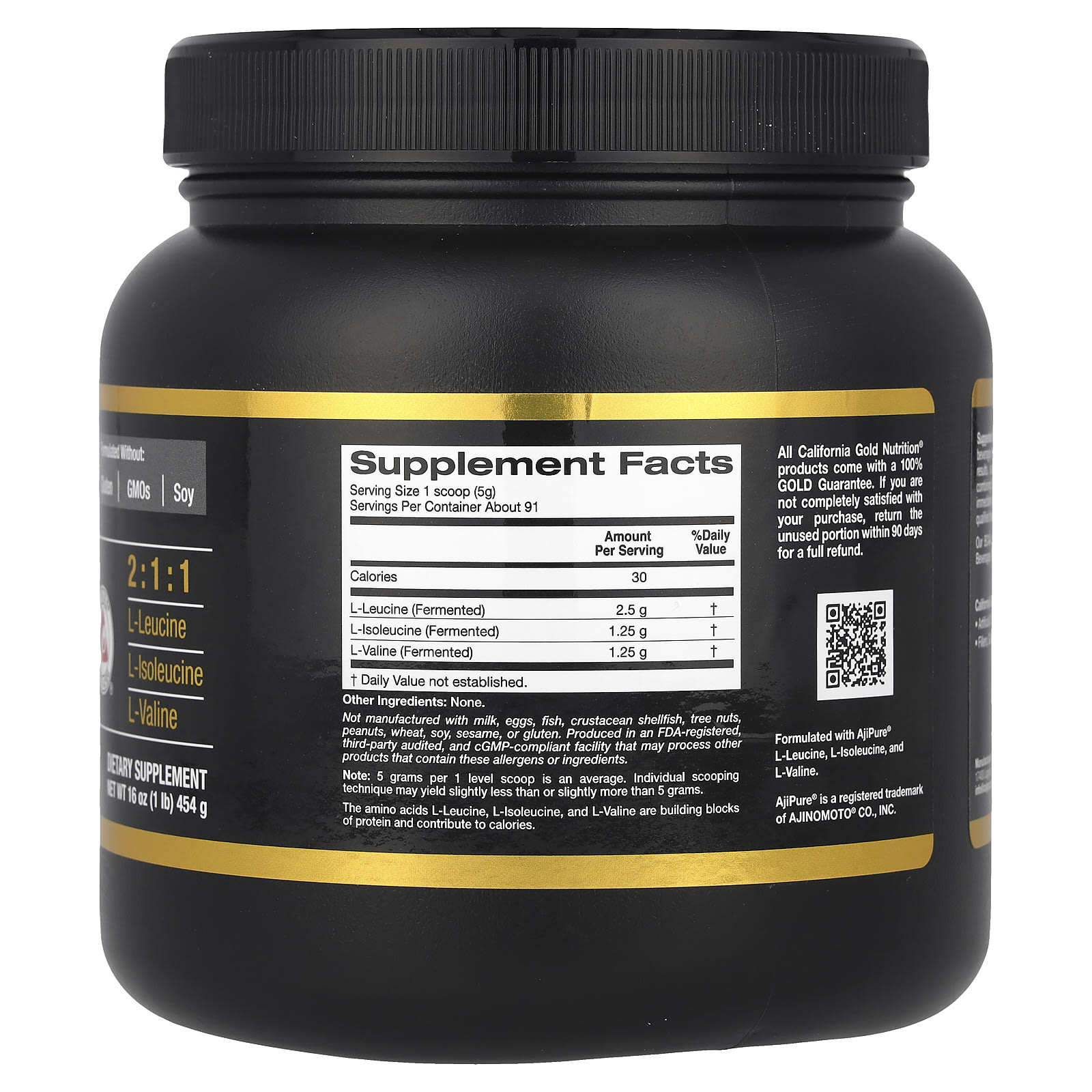 Аминокислотный комплекс California Gold Nutrition Sport BCAA AjiPure® Branched Chain with L-Leucine L-Isoleucine and L-Valine, 454 г — фото 2