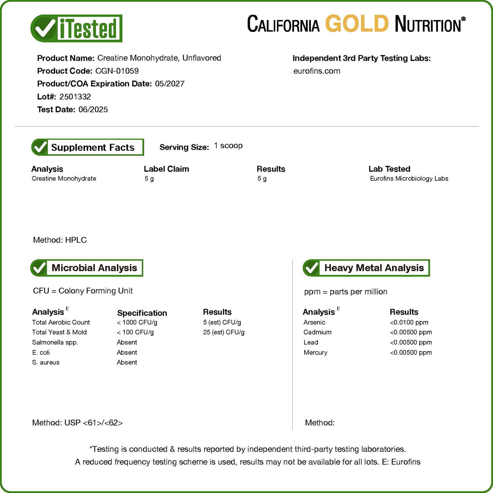 Креатин моногидрат California Gold Nutrition Sport Pure, без вкуса, 454 г — фото 3