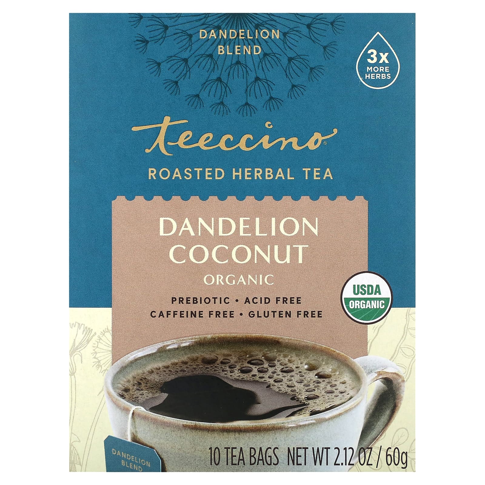 Травяной чай Teeccino Organic Roasted Dandelion 10 Tea Bags, без кофеина, вкус Dandelion Coconut, 60 г, чайные пакетики — фото 2