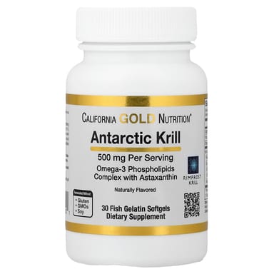 Астаксантин California Gold Nutrition Antarctic Krill Oil Omega-3 Phospholipids Complex with EPA DHA and 30 Fish Gelatin, вкус Natural Strawberry and Lemon, 500 мг, мягкие капсулы