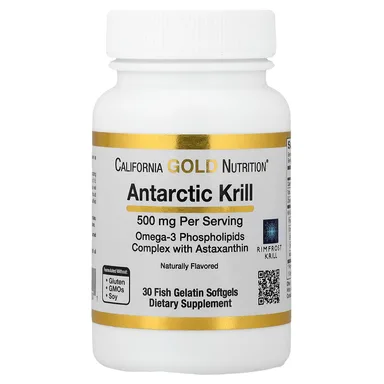 Фото товара: Астаксантин California Gold Nutrition Antarctic Krill Oil Omega-3 Phospholipids Complex with EPA DHA and 30 Fish Gelatin, вкус «натуральная клубника и лимон», 500 мг, мягкие капсулы