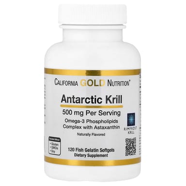 Астаксантин California Gold Nutrition Antarctic Krill Oil Omega-3 Phospholipids Complex with 120 Fish Gelatin, вкус Natural Strawberry and Lemon, 500 мг, мягкие капсулы