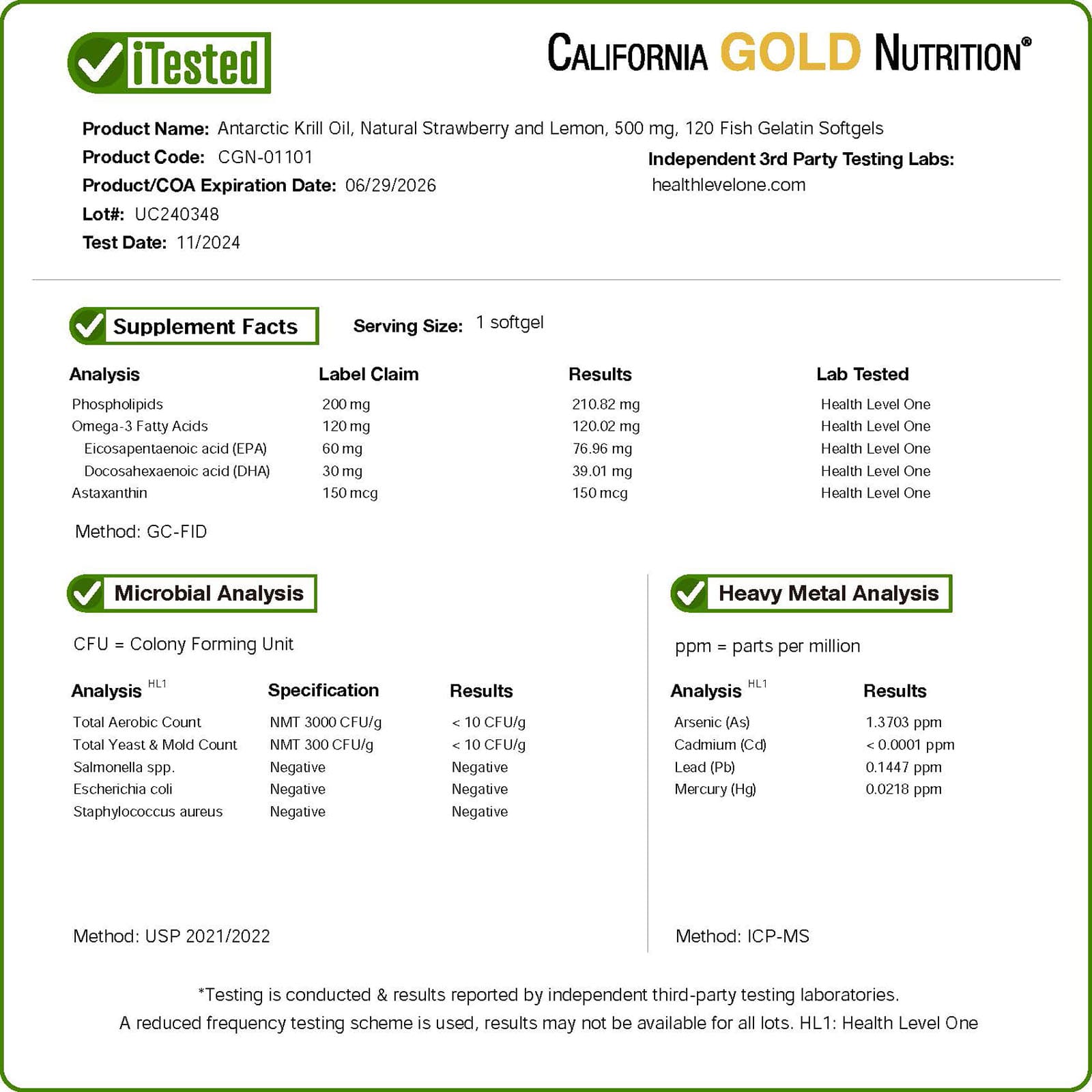 Астаксантин California Gold Nutrition Antarctic Krill Oil Omega-3 Phospholipids Complex with 120 Fish Gelatin, вкус Natural Strawberry and Lemon, 500 мг, мягкие капсулы — фото 4