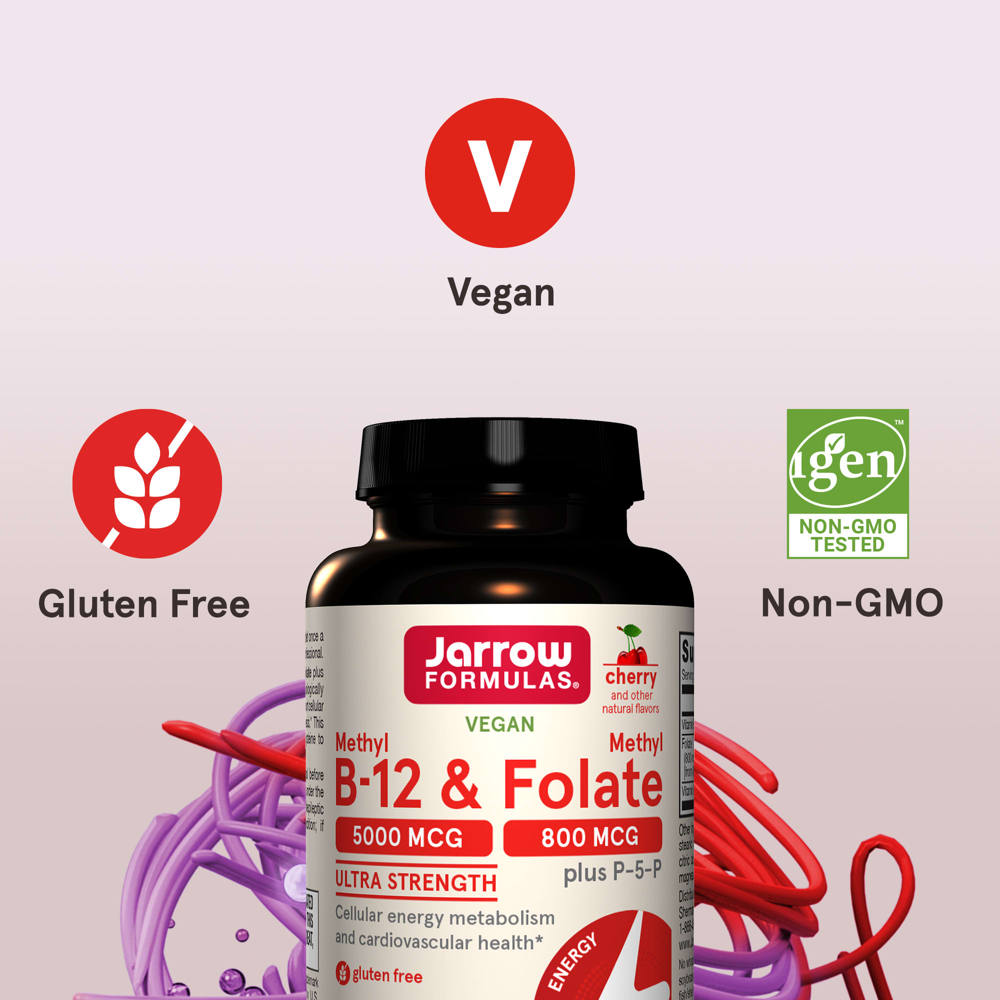 Метил B12 Jarrow Formulas Vegan Methyl & Methyl Folate Ultra Strength, вкус Cherry, 60 жевательных таблеток — фото 4