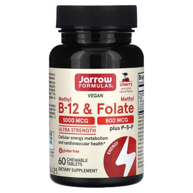 Метил B12 Jarrow Formulas Vegan Methyl & Methyl Folate Ultra Strength, вкус «вишня», 60 жевательных таблеток