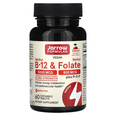 Фото товара: Метил B12 Jarrow Formulas Vegan Methyl & Methyl Folate Ultra Strength, вкус «вишня», 60 жевательных таблеток