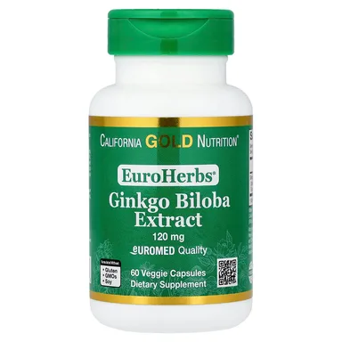Фото товара: Гинкго билоба California Gold Nutrition EuroHerbs™ Extract Euromed Quality, 120 мг, 60 растительных капсул