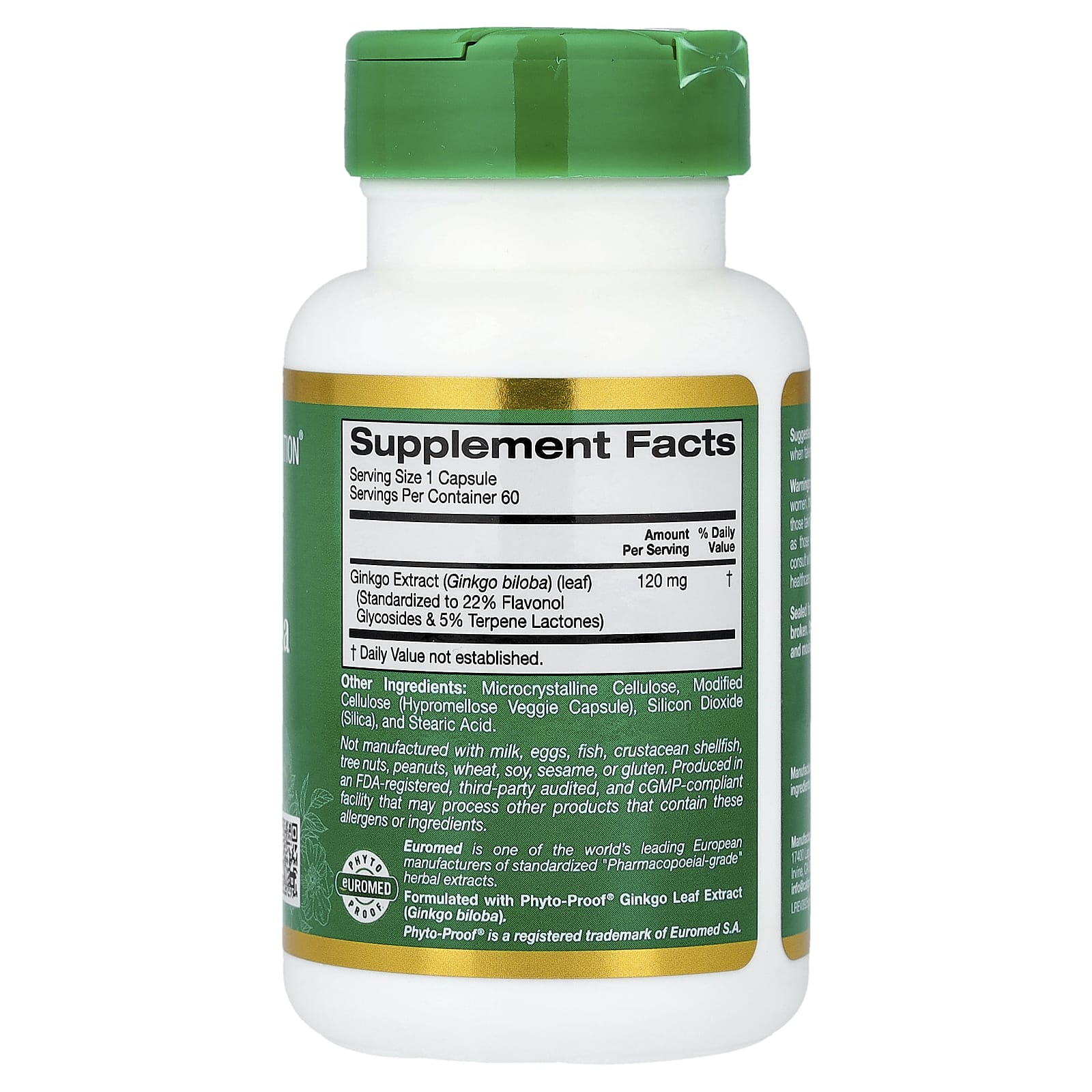 Гинкго билоба California Gold Nutrition EuroHerbs™ Extract Euromed Quality, 120 мг, 60 растительных капсул — фото 3