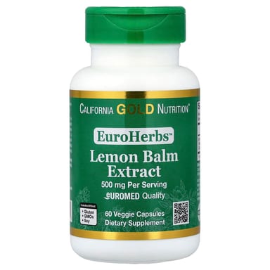 Мелисса California Gold Nutrition EuroHerbs™ Euromed Quality, Lemon Balm Extract, 500 мг, 60 растительных капсул
