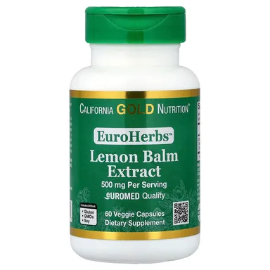 Фото товара: Мелисса California Gold Nutrition EuroHerbs™ Euromed Quality, Lemon Balm Extract, 500 мг, 60 растительных капсул