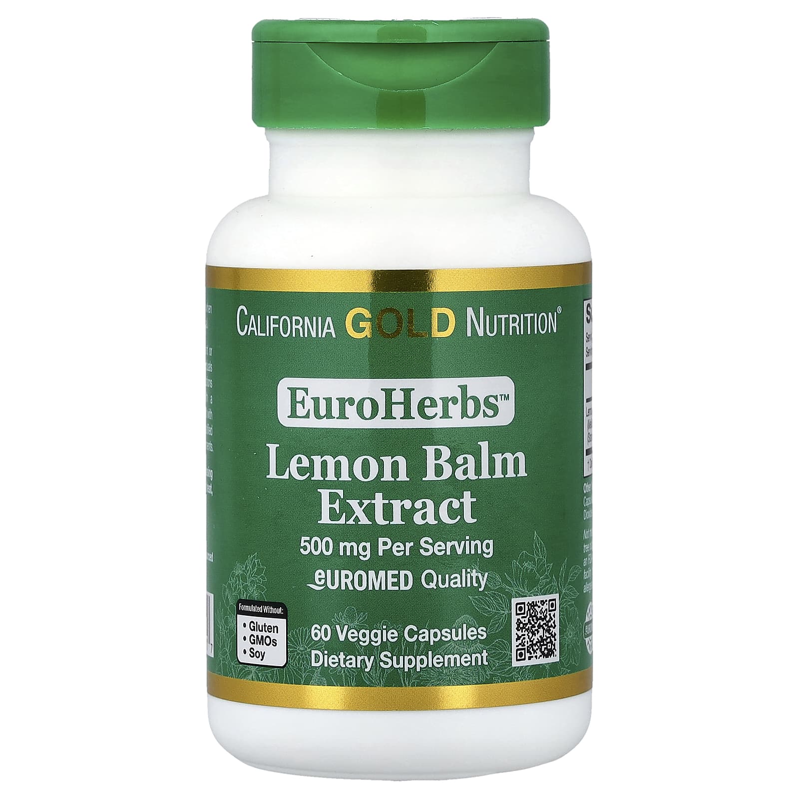Мелисса California Gold Nutrition EuroHerbs™ Euromed Quality, вкус Lemon Balm Extract, 500 мг, 60 растительных капсул — фото 3