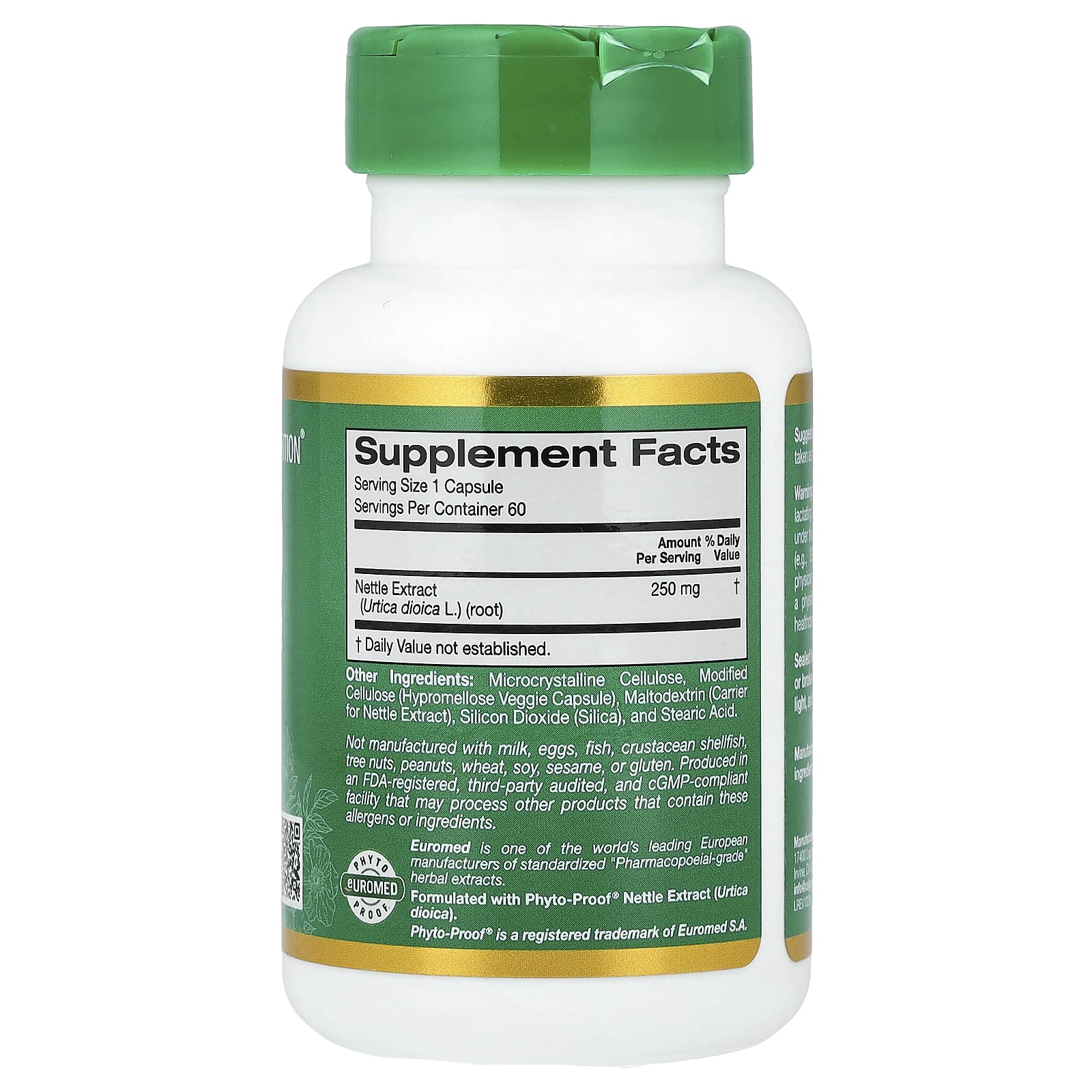 Корень крапивы California Gold Nutrition EuroHerbs® Euromed Quality, 250 мг, 60 растительных капсул — фото 5