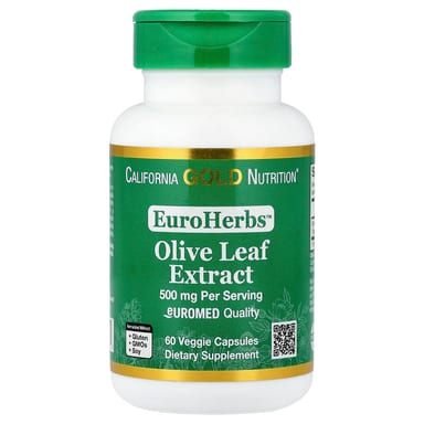 Экстракт листьев оливы California Gold Nutrition EuroHerbs™ Euromed Quality, 500 мг, 60 растительных капсул