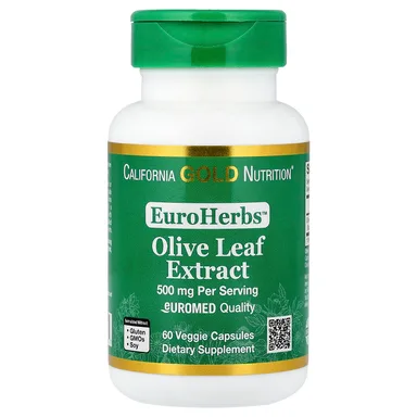 Фото товара: Экстракт листьев оливы California Gold Nutrition EuroHerbs™ Euromed Quality, 500 мг, 60 растительных капсул