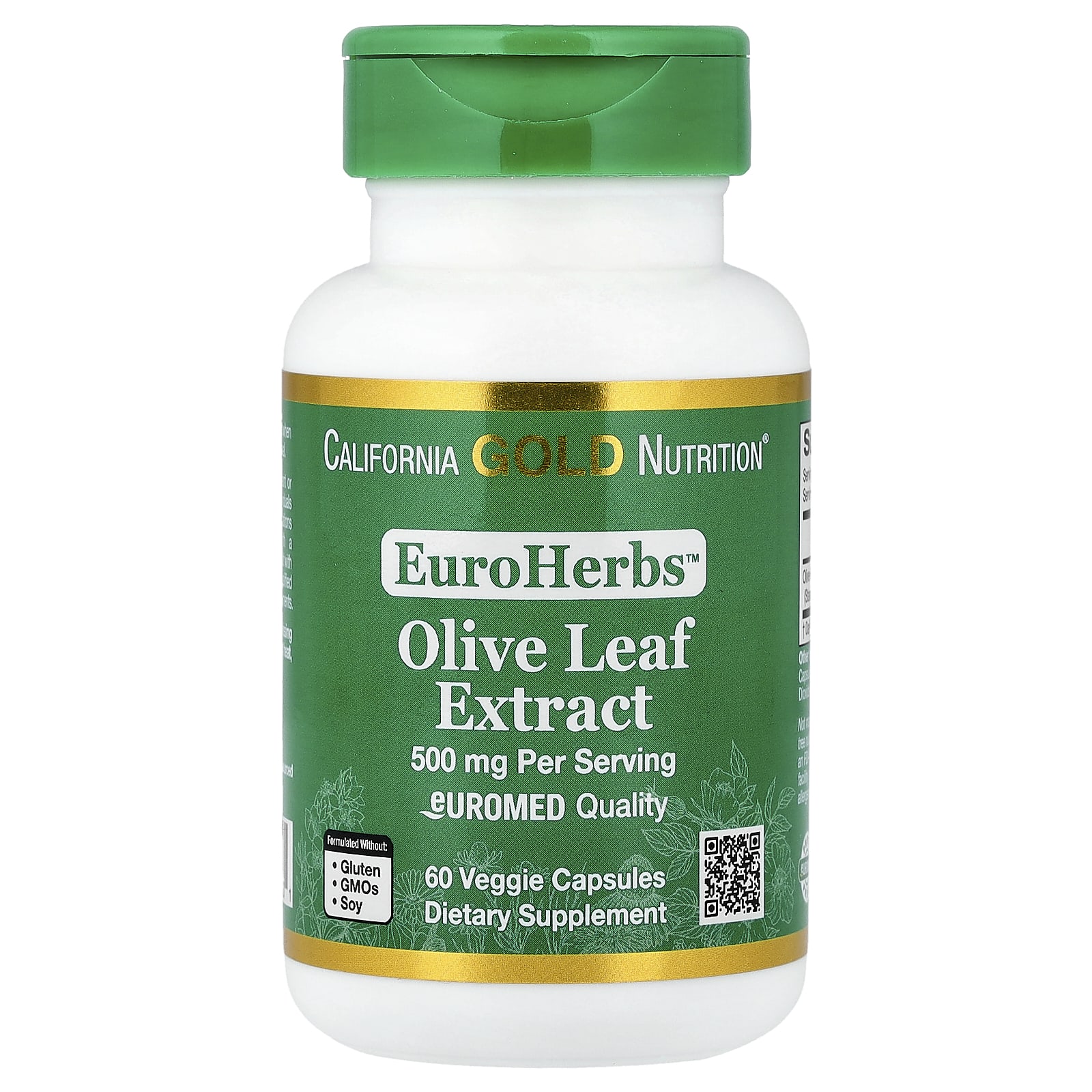 Экстракт листьев оливы California Gold Nutrition EuroHerbs™ Euromed Quality, 500 мг, 60 растительных капсул — фото 3