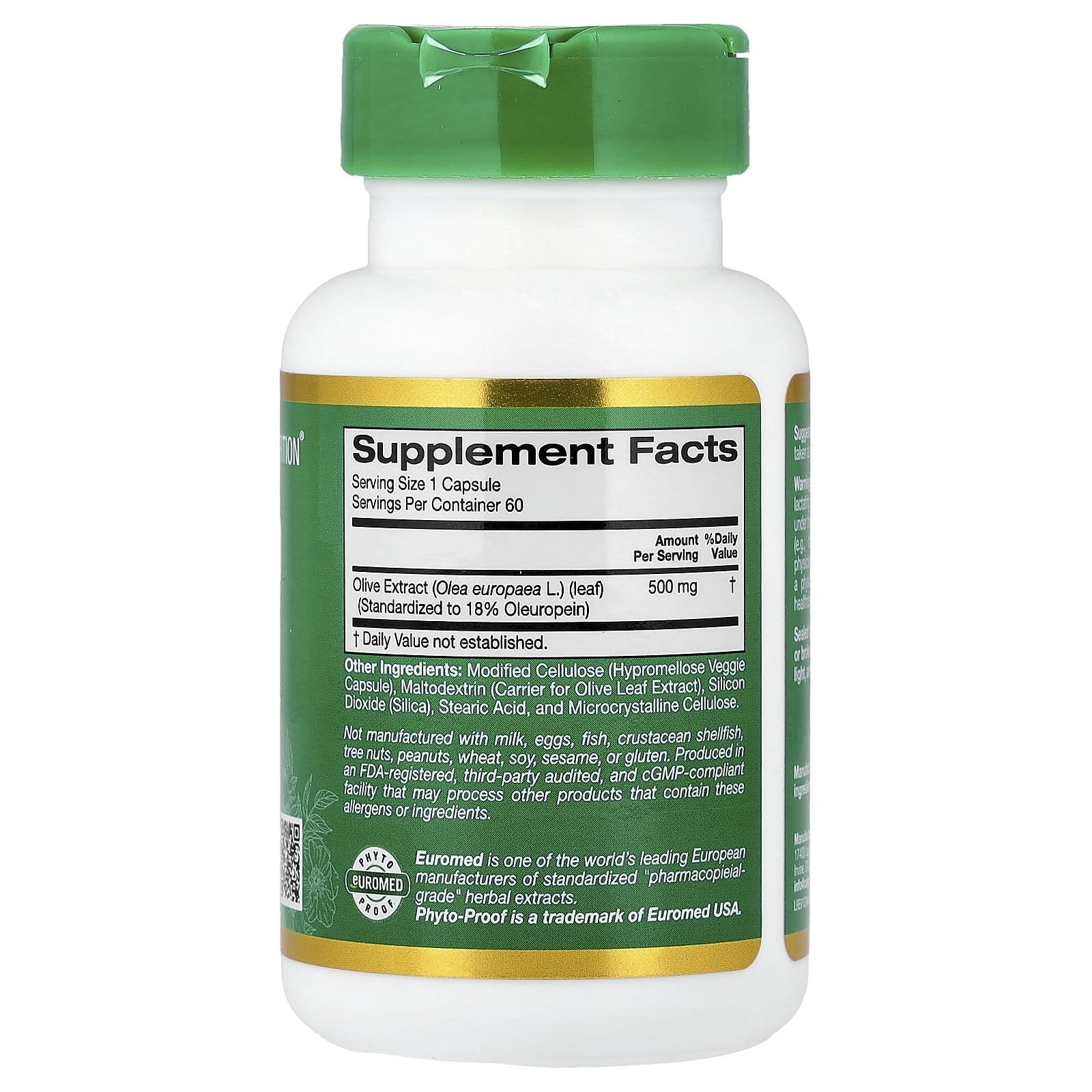 Экстракт листьев оливы California Gold Nutrition EuroHerbs™ Euromed Quality, 500 мг, 60 растительных капсул — фото 4