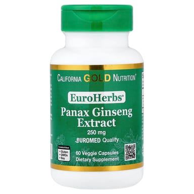 Женьшень California Gold Nutrition EuroHerbs® Panax Extract Euromed Quality, 250 мг, 60 растительных капсул