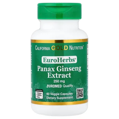 Фото товара: Женьшень California Gold Nutrition EuroHerbs® Panax Extract Euromed Quality, 250 мг, 60 растительных капсул