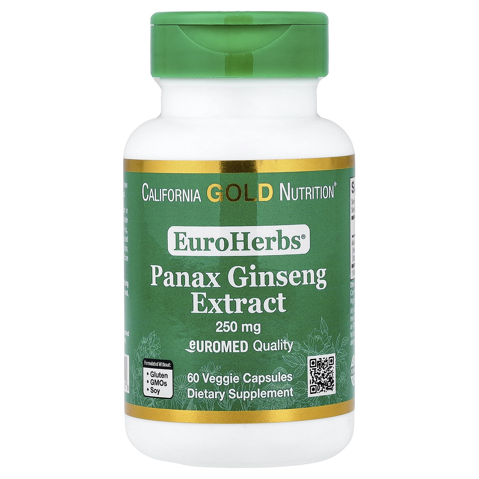 Женьшень California Gold Nutrition EuroHerbs® Panax Extract Euromed Quality, 250 мг, 60 растительных капсул — фото 4