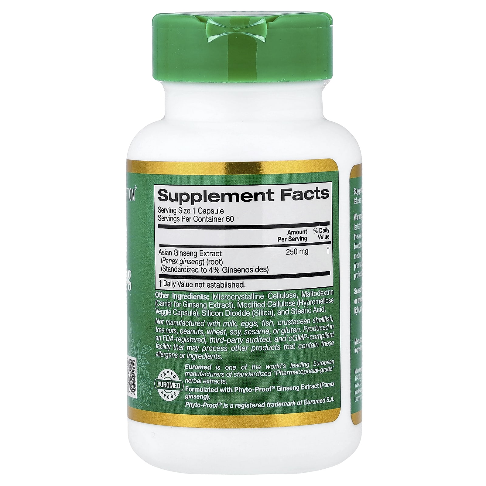 Женьшень California Gold Nutrition EuroHerbs® Panax Extract Euromed Quality, 250 мг, 60 растительных капсул — фото 5