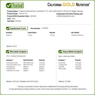 Зверобой California Gold Nutrition EuroHerbs™ Extract Euromed Quality, 300 мг, 60 растительных капсул