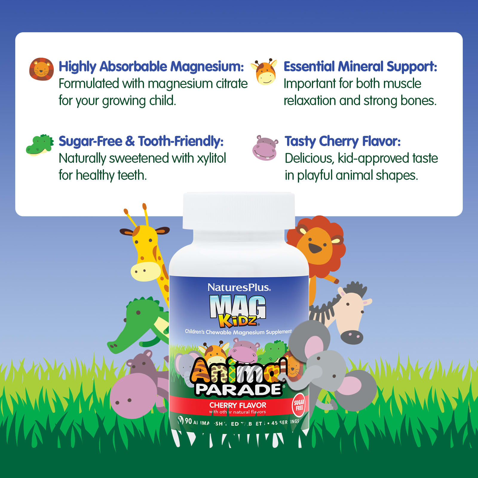 Детский NaturesPlus MagKidz® Animal Parade® Chewable Magnesium, вкус Cherry, 50 мг, 90 жевательных таблеток в форме животных — фото 3
