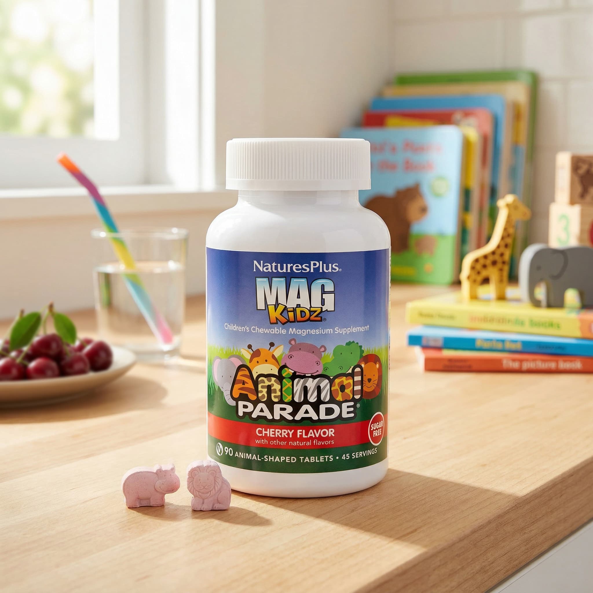 Детский NaturesPlus MagKidz® Animal Parade® Chewable Magnesium, вкус Cherry, 50 мг, 90 жевательных таблеток в форме животных — фото 5